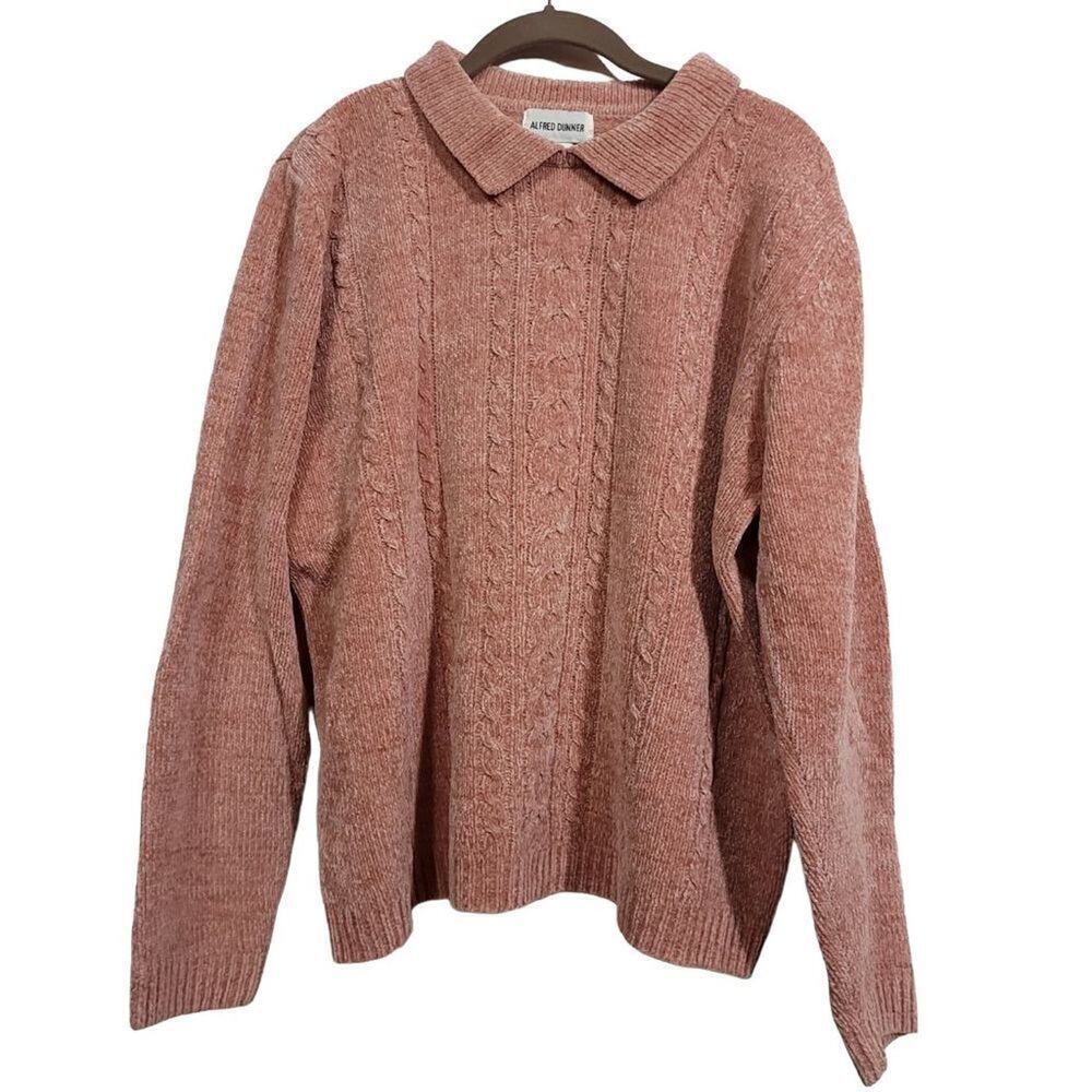 Alfred Dunner Sweater Size Large Granny Core Collared Cable Knit Soft Fuzzy 